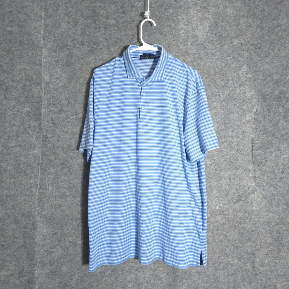 Ralph Lauren Polo‎ Shirt Mens XL Blue White Striped Pro Fit Short Sleeve Cotton